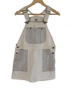 Lee Workwear Bib Striped Pocket Overall Dress Size M Ivory Denim Pinafore Short